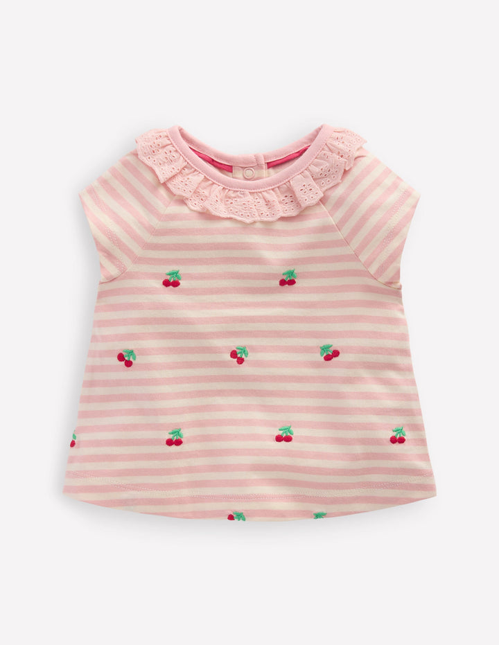 Besticktes Jerseyoberteil-Sanftes Naturweiß/Kreiderosa