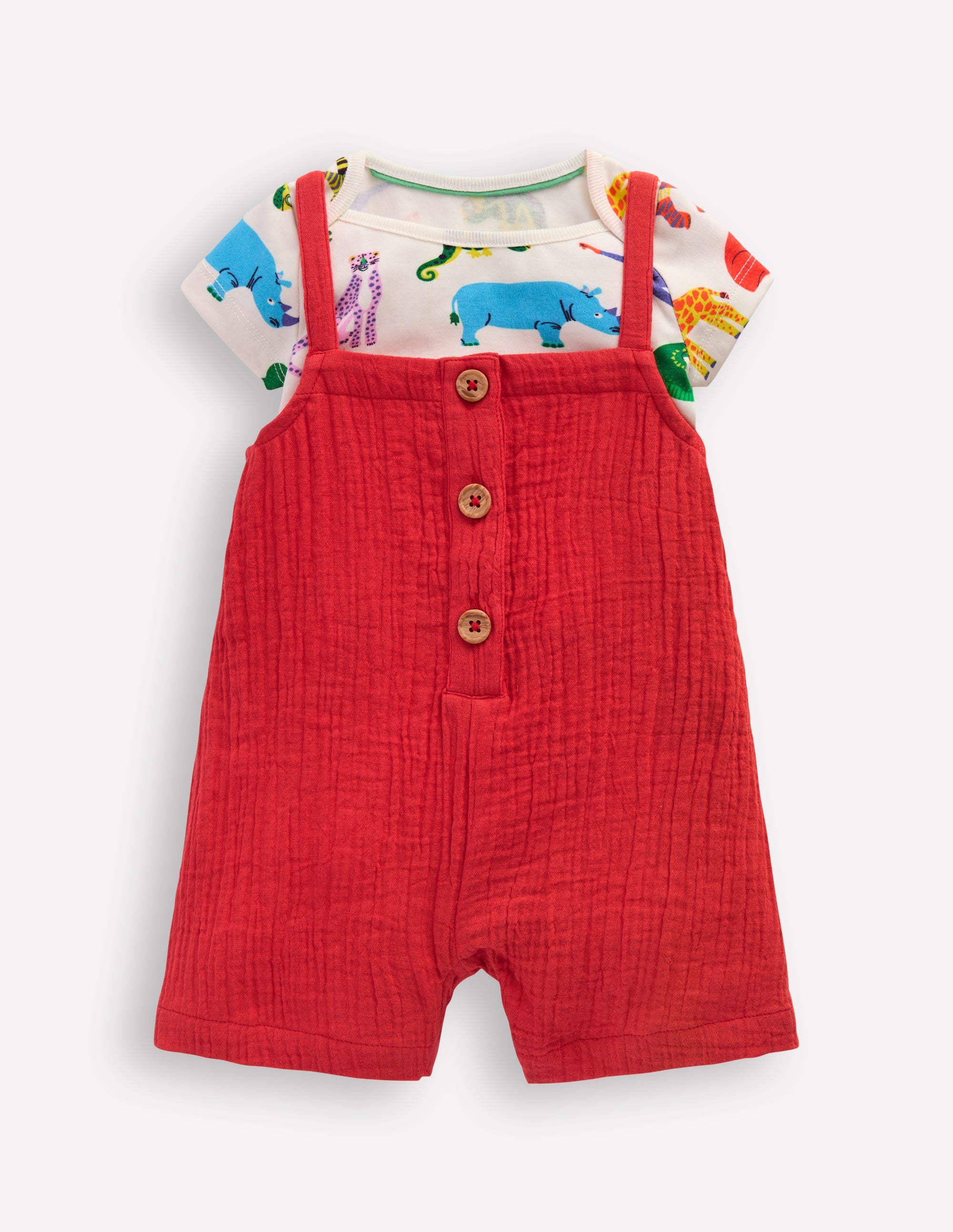 Double Cloth Dungaree Set-Poppy Red Jungle - Image 1