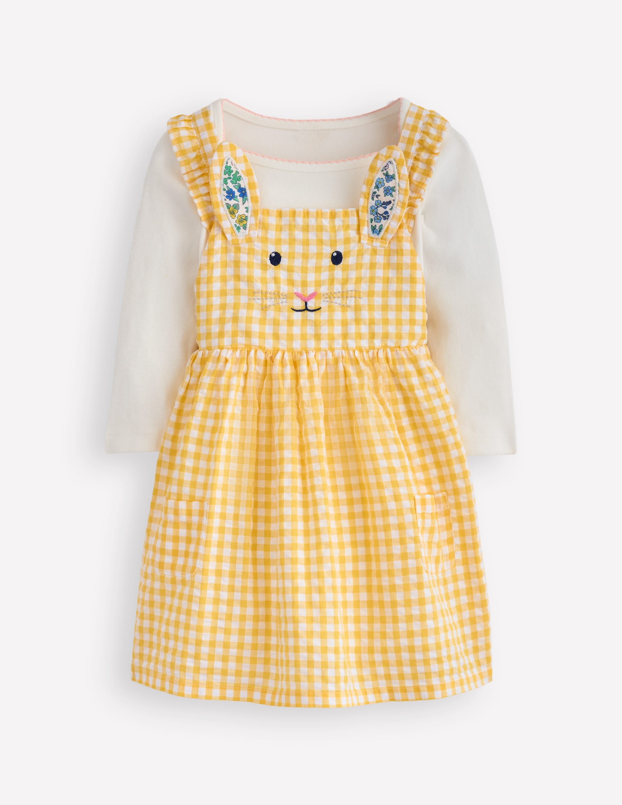 Originelles Schürzenkleid-Set-Gelbes Vichykaro Hase - Image 1