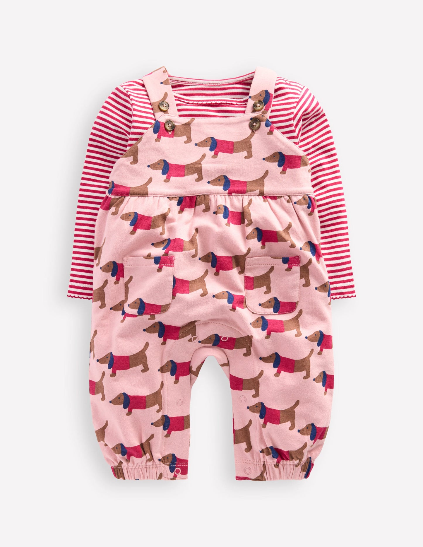 Jersey-Oberteil und Latzhose im Set-Rosa, Dackel