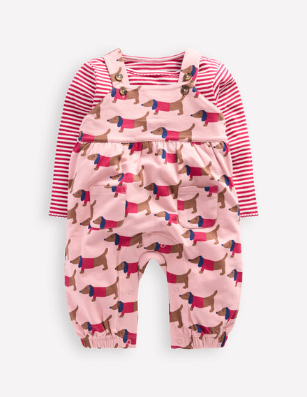 Jersey-Oberteil und Latzhose im Set-Rosa, Dackel