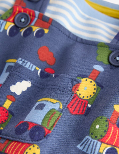 Bedrucktes Jersey-Oberteil und Latzhose im Set-Blau Meliert Züge-3