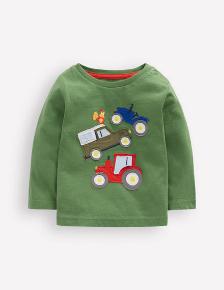 Langärmliges T-Shirt mit Applikation-Grün Aufklappdetail Fahrzeuge