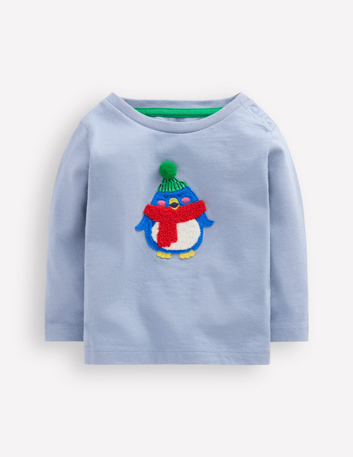 Langärmliges T-Shirt mit Applikation-Hellblau Pinguin