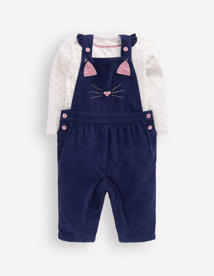 Ensemble avec salopette tissée-Chat bleu marine