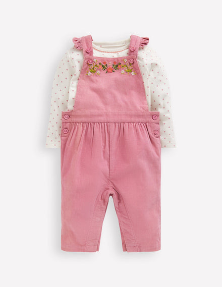 Ensemble avec salopette tissée-Broderie florale rose brume
