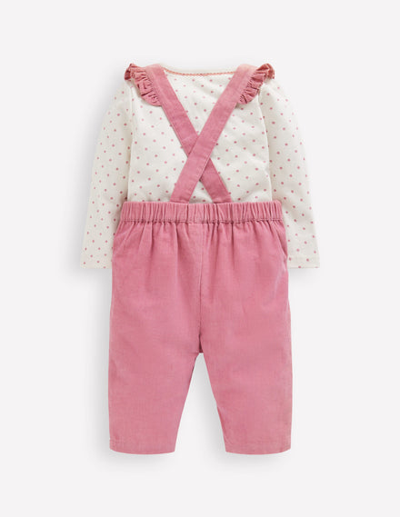 Ensemble avec salopette tissée-Broderie florale rose brume