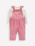 Ensemble avec salopette tissée-Broderie florale rose brume