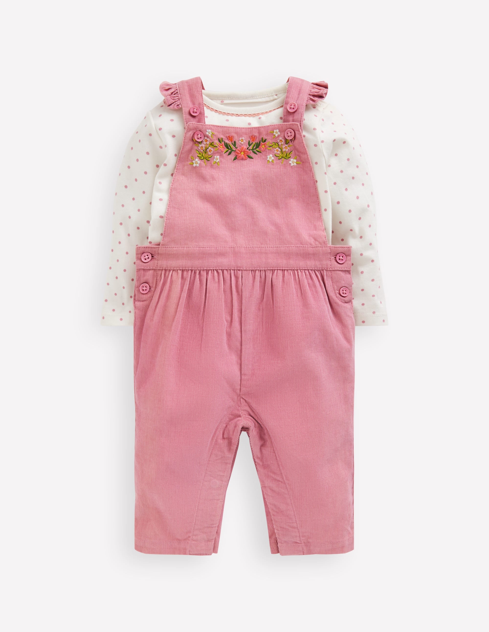 Ensemble avec salopette tissée-Broderie florale rose brume - Image 1