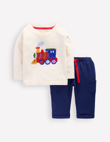 Ensemble en jersey à appliqué-Train avoine chiné