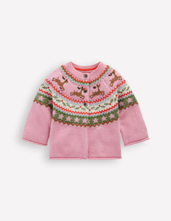 Edie Fair-Isle-Strickjacke-Rosa Festliche Rentiere