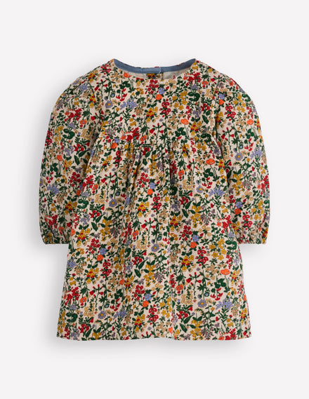 Gewebtes Kleid mit Passe-Kleine Blüten Wiese