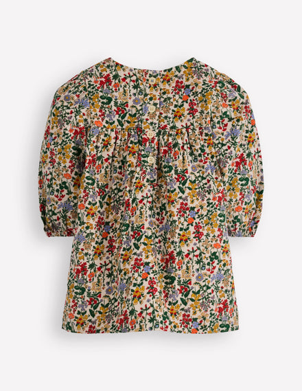 Gewebtes Kleid mit Passe-Kleine Blüten Wiese