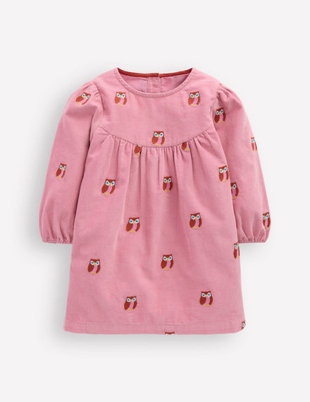 Gewebtes Kleid mit Passe-Rosa Eulenstickereien