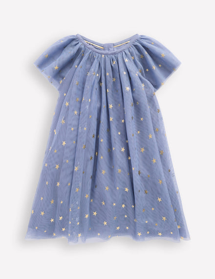 Mehrlagiges Tüllkleid-Blau Goldfolien-Sterne