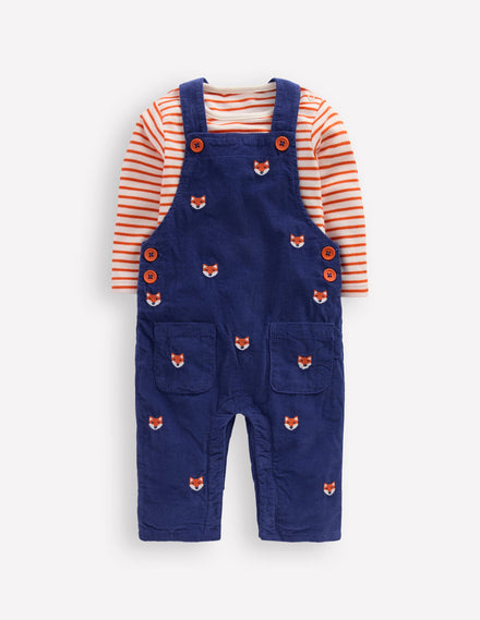 Latzhose aus Cord im Set-Marineblau Fuchsstickerei