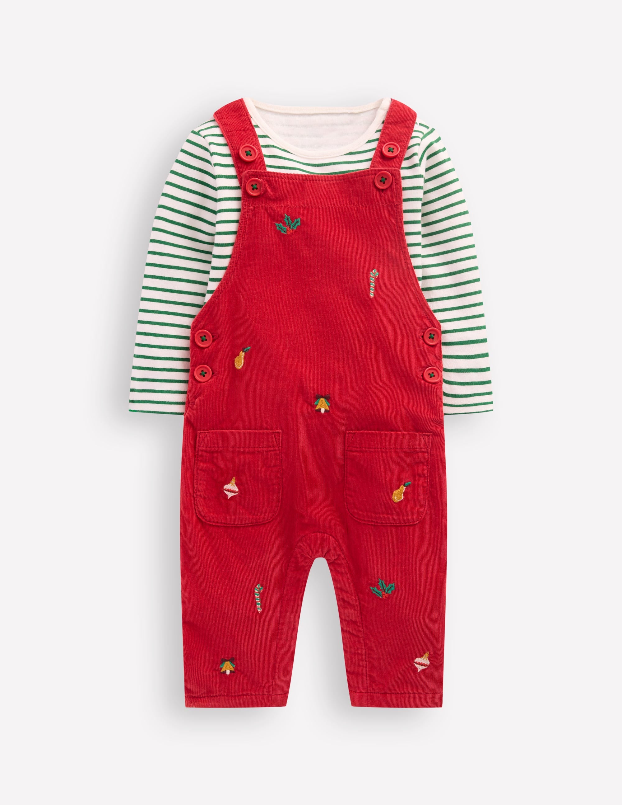 Originelles Set mit Cord-Latzhose-Rot Weihnachtsstickerei - Image 1