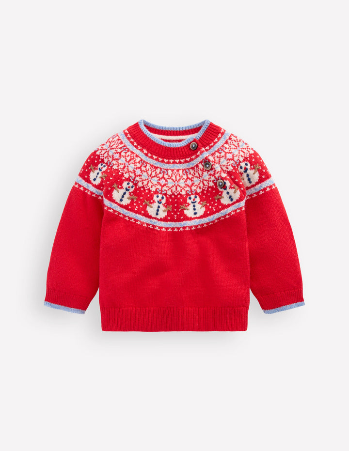 Fair-Isle-Pullover-Rot, Schneemann