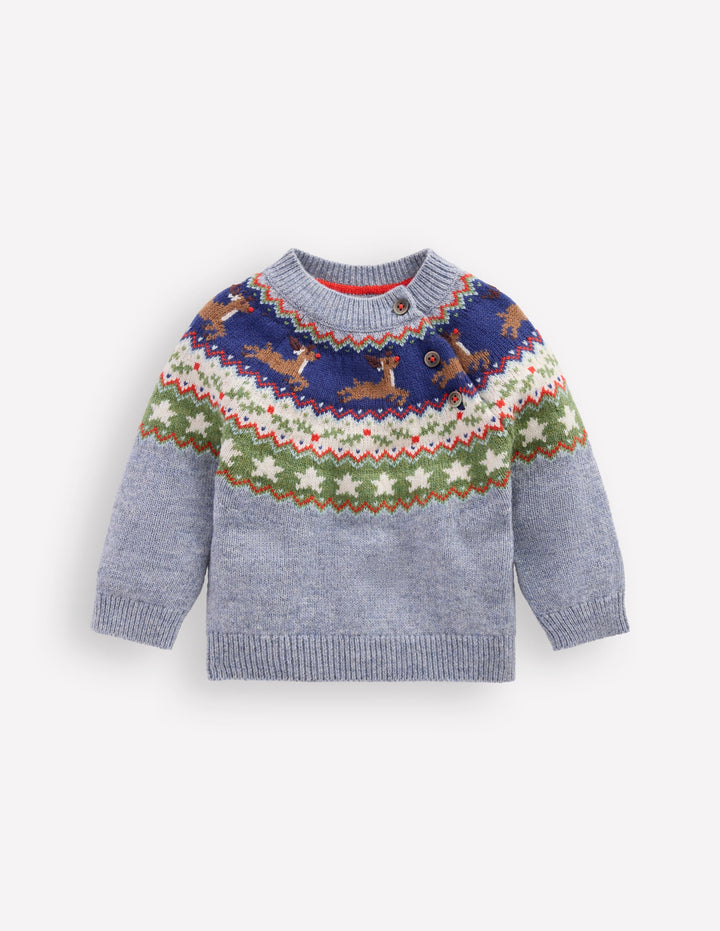 Fair-Isle-Pullover-Blau Festliches Rentier