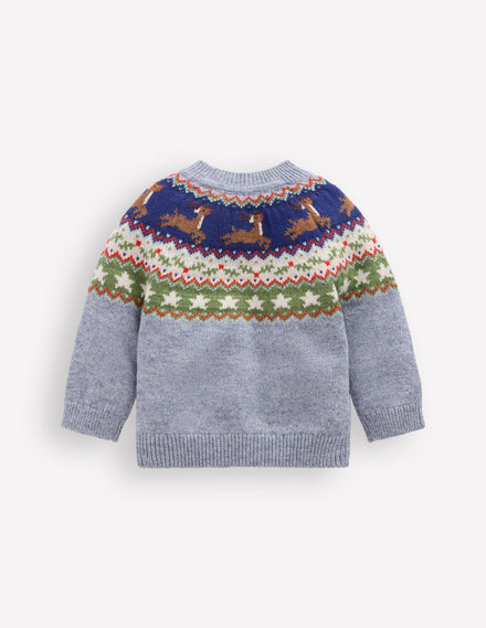 Fair-Isle-Pullover-Blau Festliches Rentier