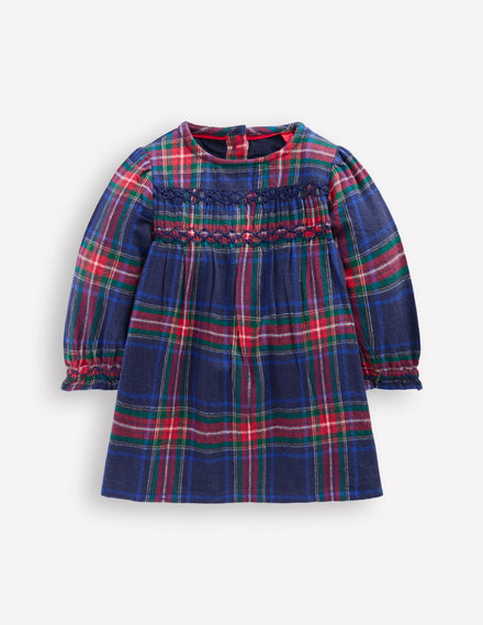 Robe de cérémonie à smocks-Carreaux bleu marine