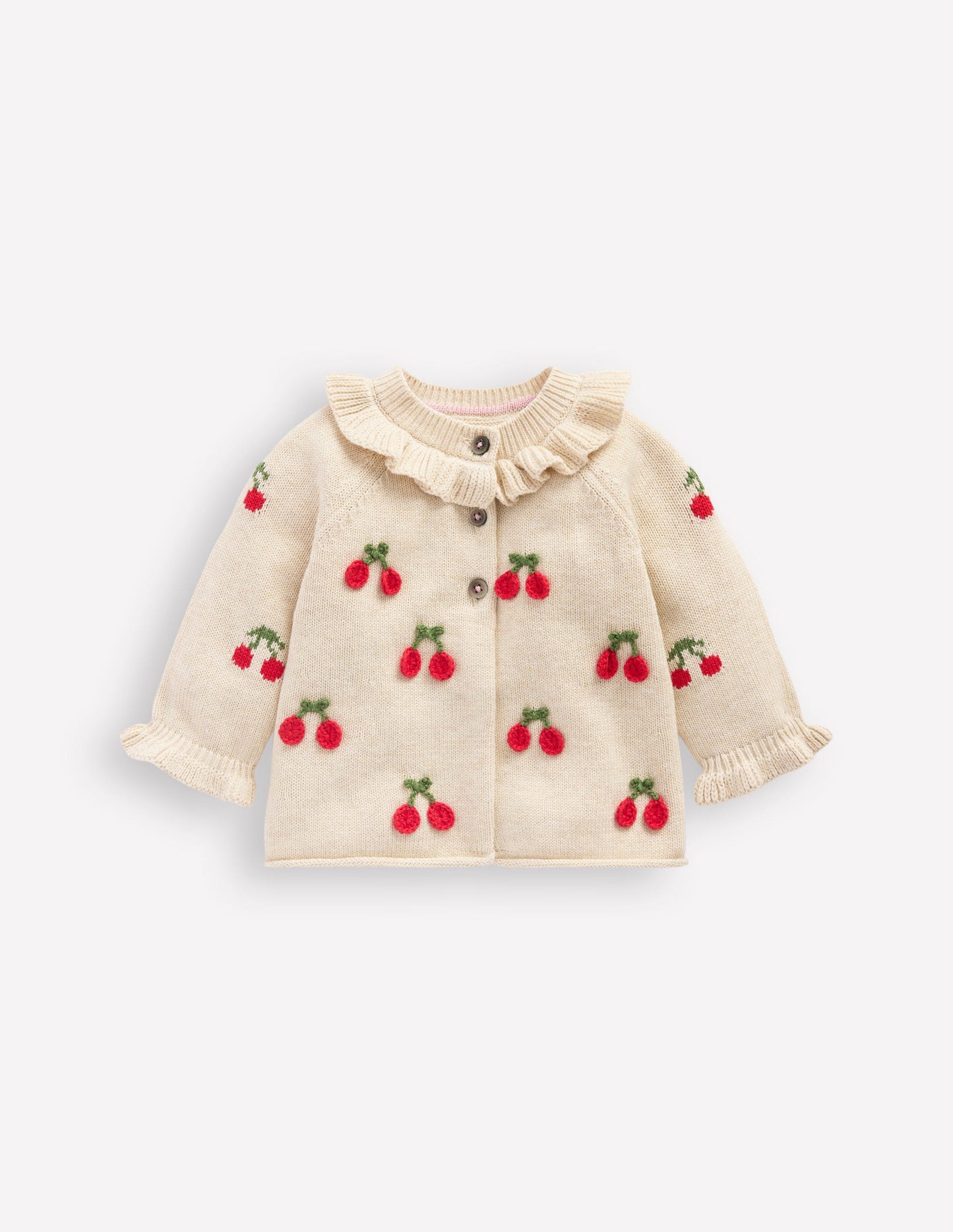 Joli cardigan à volants-Cerises avoine chiné