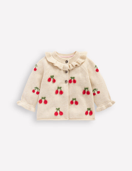 Hübsche Strickjacke mit Rüschen-Haferbeige Meliert Kirschen