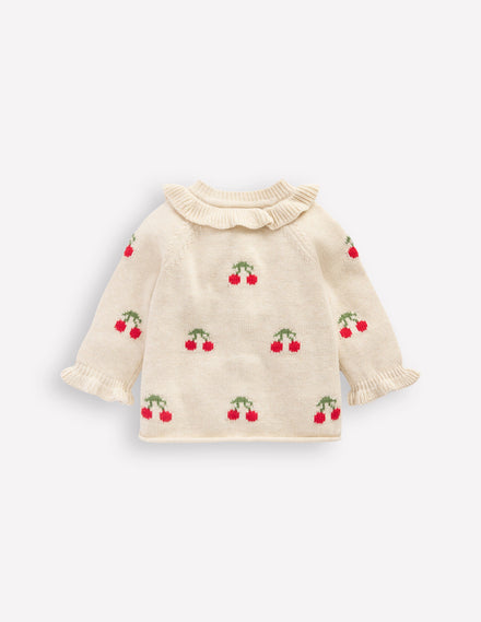 Hübsche Strickjacke mit Rüschen-Haferbeige Meliert Kirschen