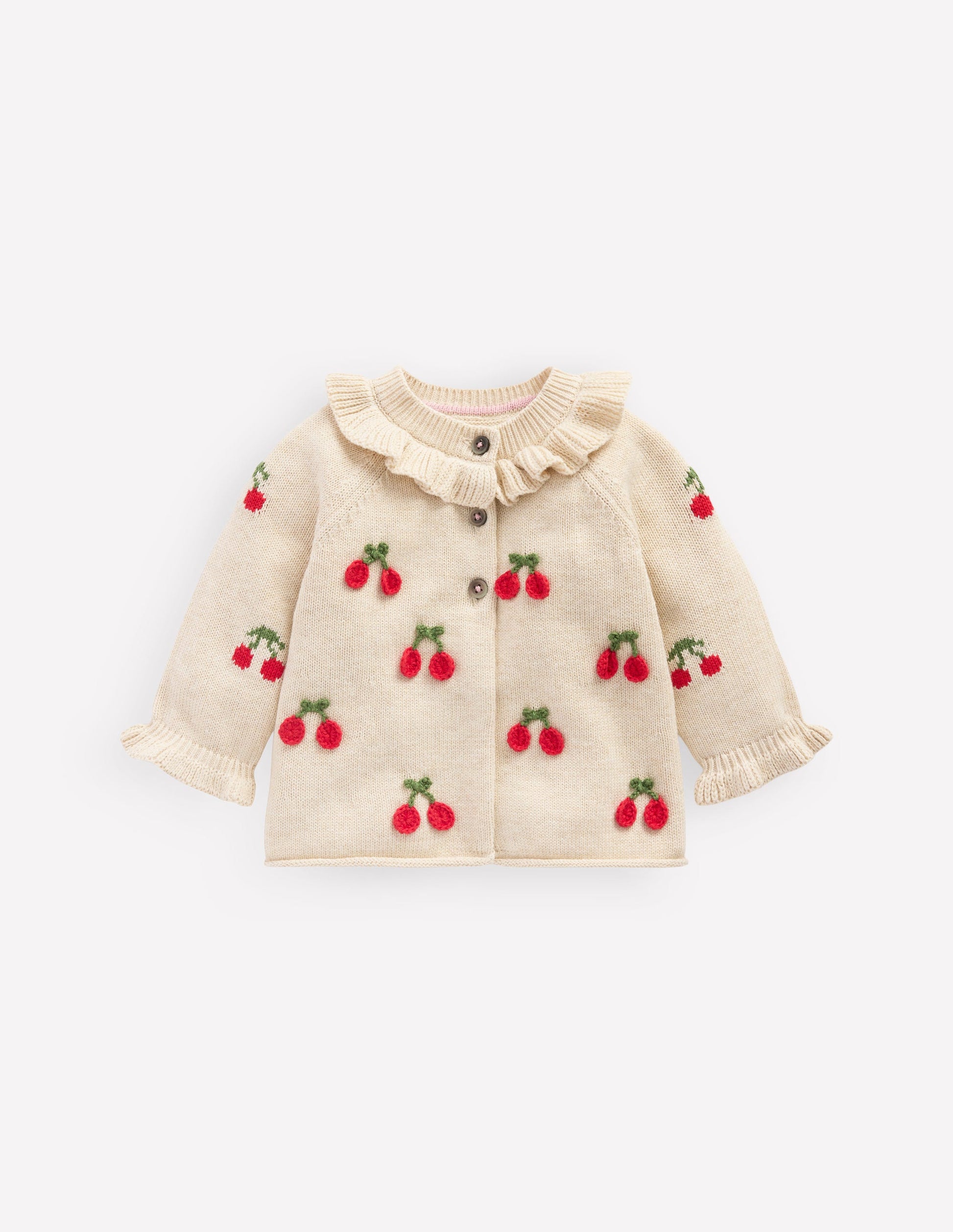 Hübsche Strickjacke mit Rüschen-Haferbeige Meliert Kirschen-1