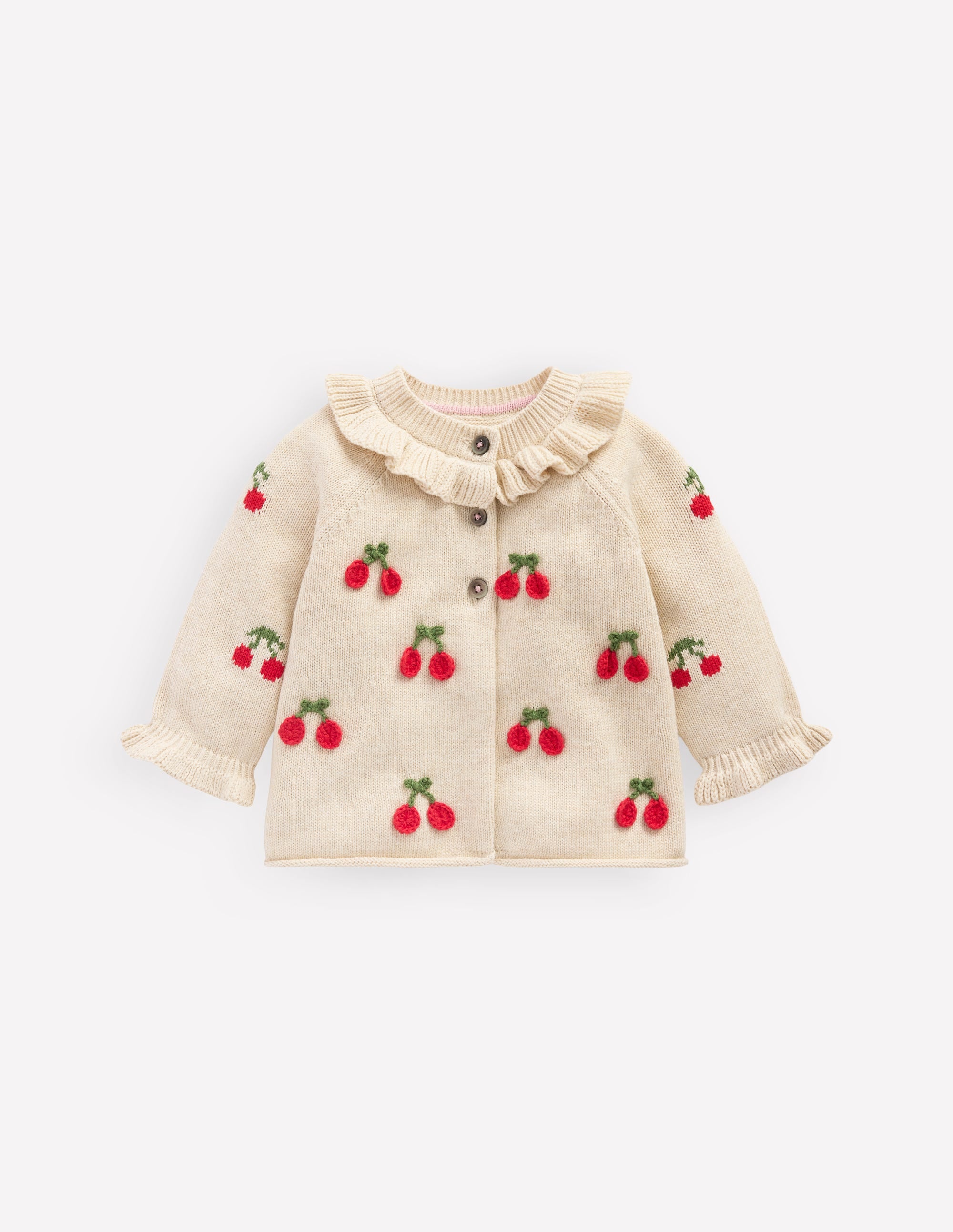 Hübsche Strickjacke mit Rüschen-Haferbeige Meliert Kirschen - Image 1