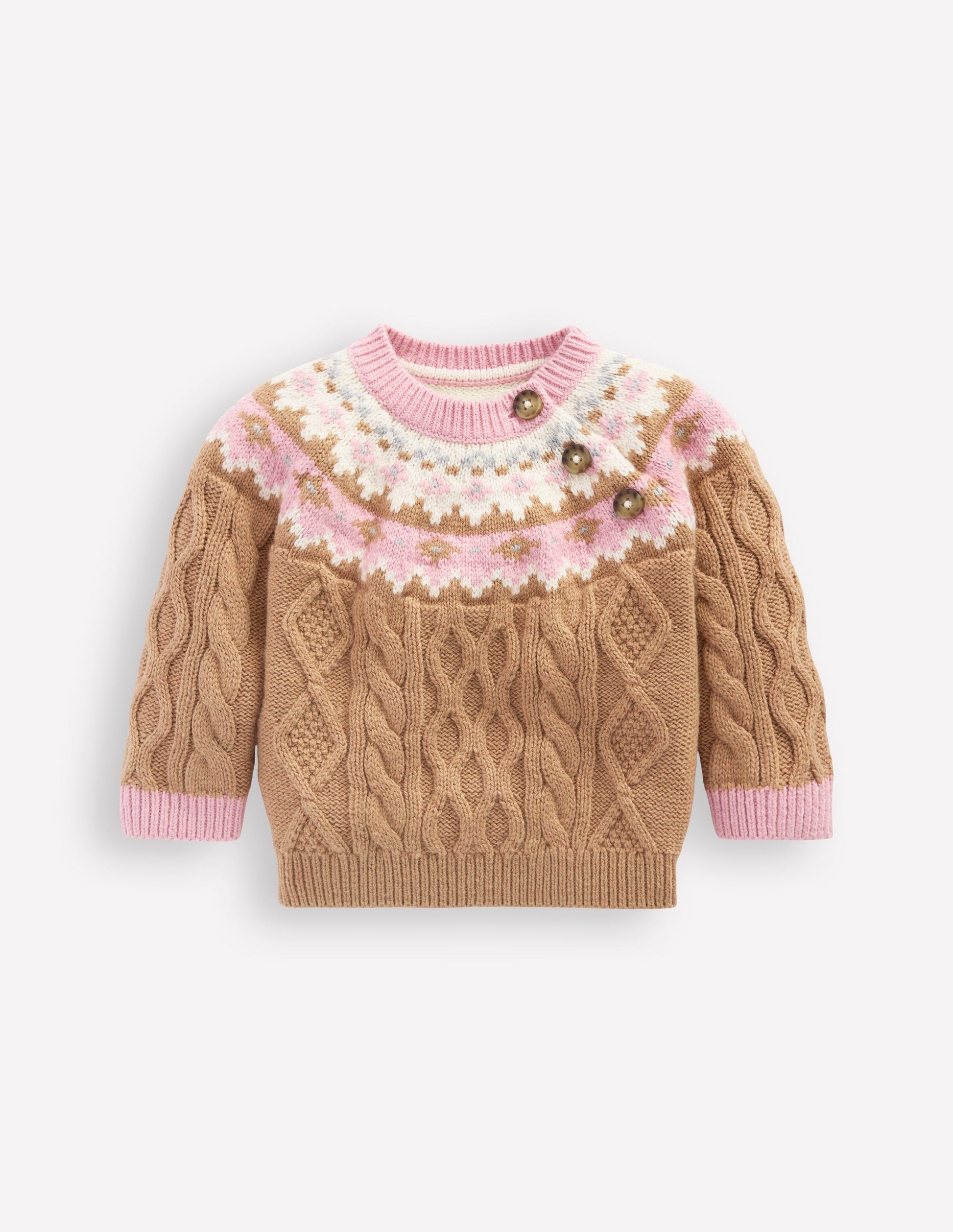 Pull motif jacquard en maille torsadée fille-Motif jacquard camel chiné-1