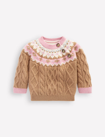 Pull motif jacquard en maille torsadée fille-Motif jacquard camel chiné-1