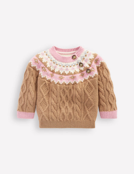 Fair-Isle-Pullover mit Zopfmuster für Mädchen-Kamelbraun Meliert Fair-Isle