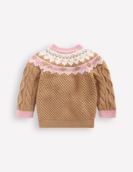 Fair-Isle-Pullover mit Zopfmuster für Mädchen-Kamelbraun Meliert Fair-Isle