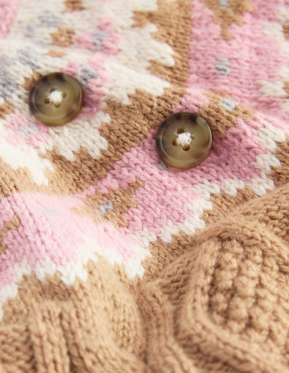 Pull motif jacquard en maille torsadée fille-Motif jacquard camel chiné-3