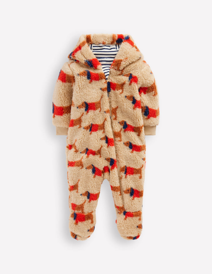 Bedruckter Fleece-Overall-Haferbeige/Marsrot Dackel