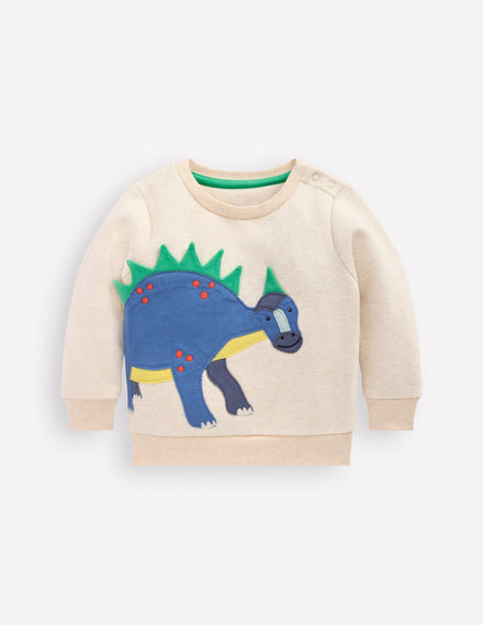 Sweatshirt mit Applikation für Jungen-Hellbeige Meliert, Dinosaurier