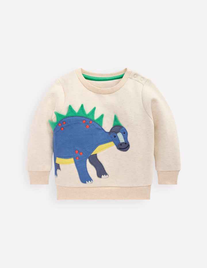 Sweatshirt mit Applikation für Jungen-Hellbeige Meliert, Dinosaurier