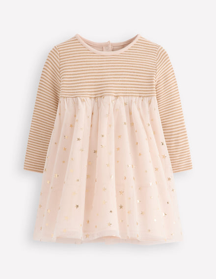 Robe en tulle et jersey-Ivoire doux/confettis dorés