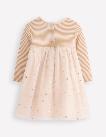 Robe en tulle et jersey-Ivoire doux/confettis dorés