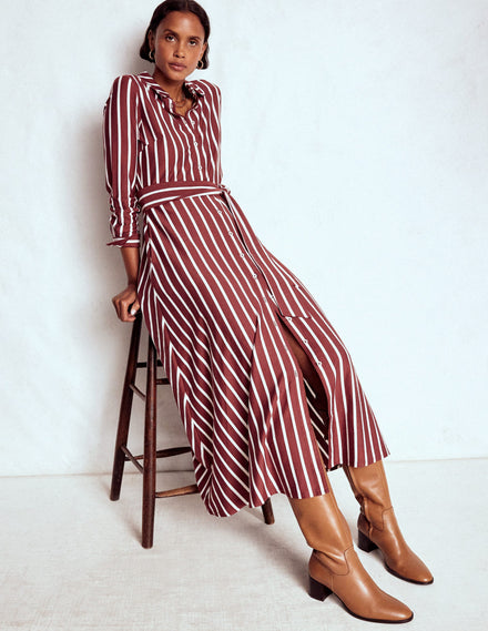 Marcia Jersey Shirt Dress-Burnt Orange and Navy Spot