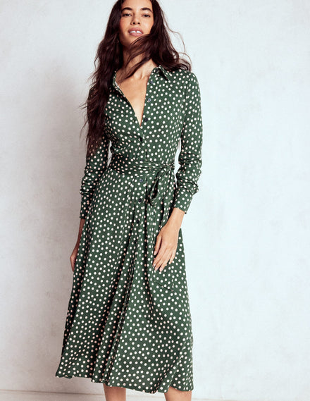 Marcia Jersey Shirt Dress-Hunter Green, Painted Dot