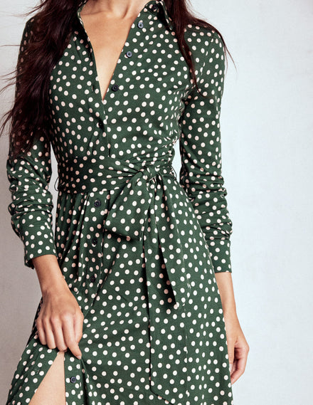Marcia Jersey Shirt Dress-Hunter Green, Painted Dot