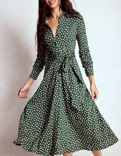 Marcia Jersey-Hemdblusenkleid-Jägergrün, Gemalte Tupfen-4