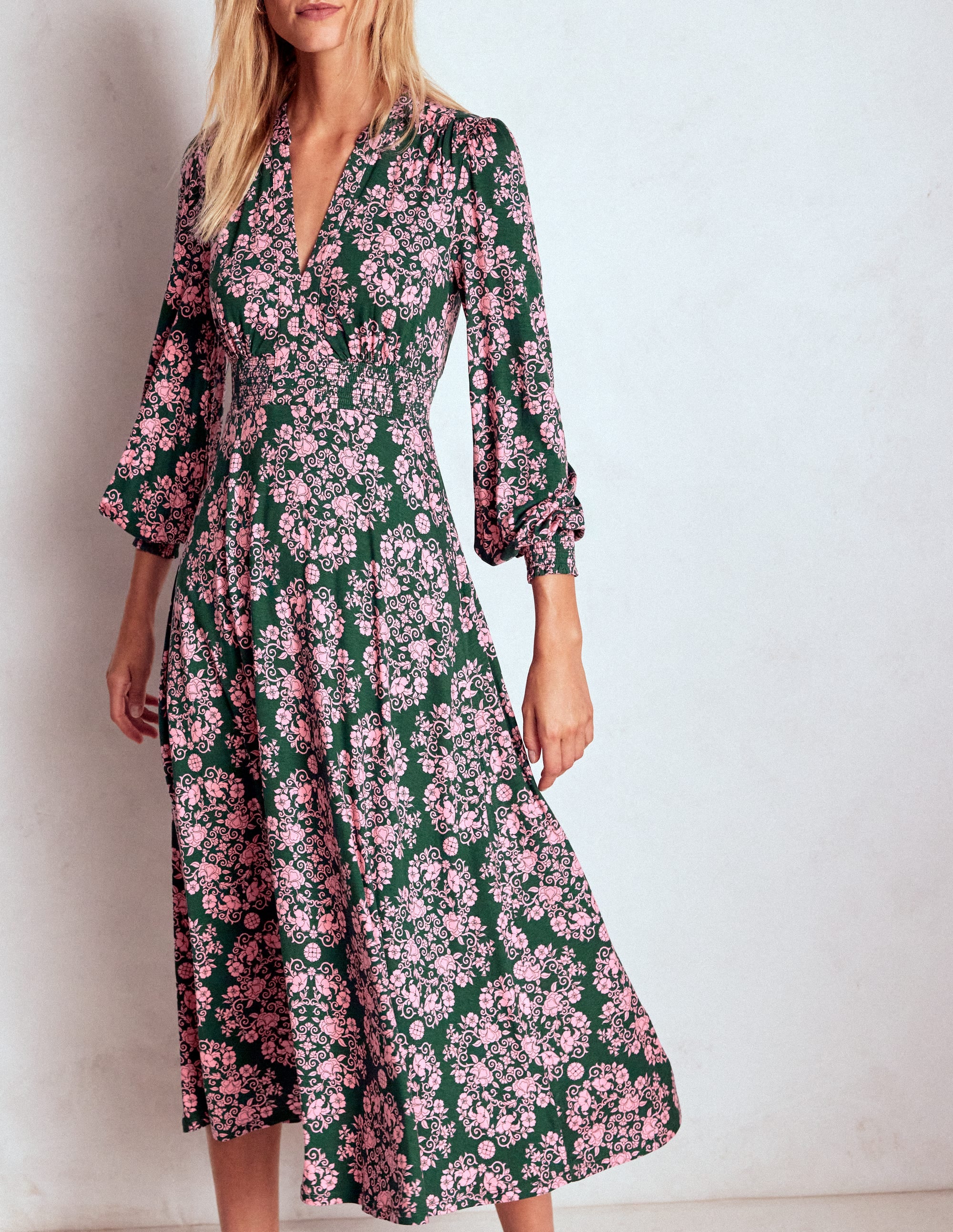 Georgia Jersey-Midikleid-Grün, Gitterornament - Image 3