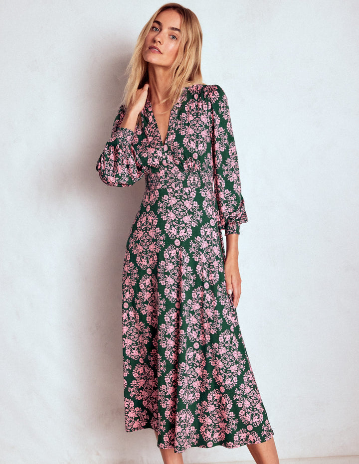 Ivy Gesmoktes Midikleid-Grün, Gitterornament