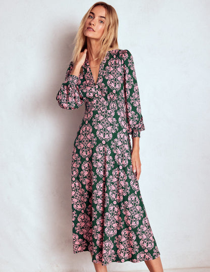 Ivy Gesmoktes Midikleid-Grün, Gitterornament-4