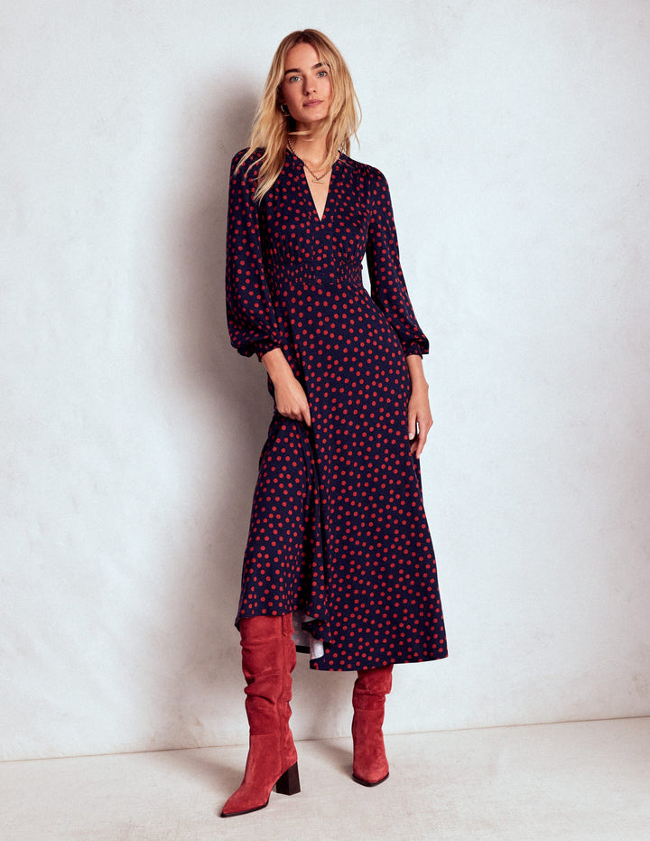 Ivy Gesmoktes Midikleid-Französisches Marineblau, Gemalte Tupfen