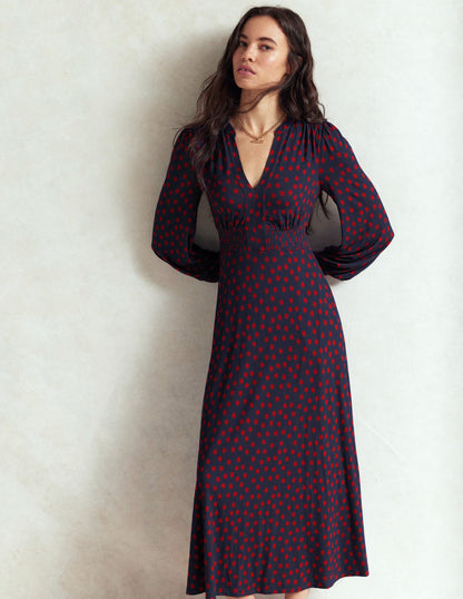 Ivy Gesmoktes Midikleid-Französisches Marineblau, Gemalte Tupfen-6