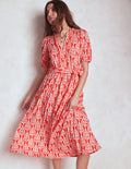 Sofia Jersey-Midikleid mit Besatz-Knallrot, Ornament Geo